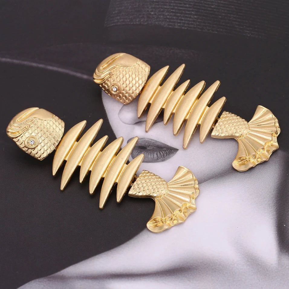 Vintage Golden Stitched Fishbone Statement Earrings for Woman Party Casual Jewelry