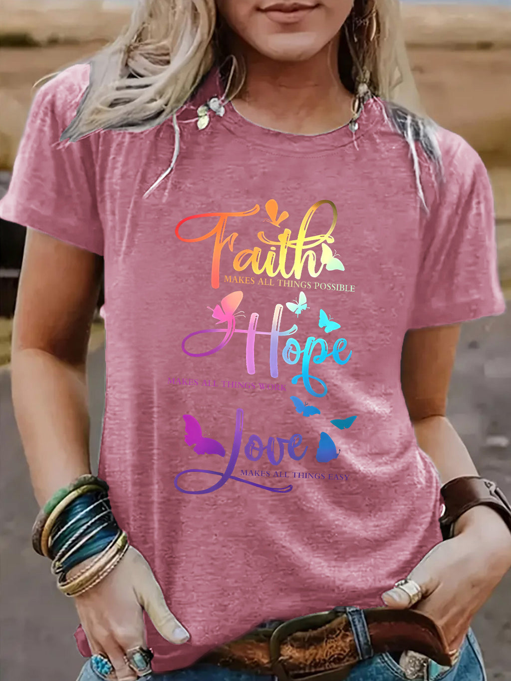 Faith Hope Love Round Neck Loose Short Sleeve