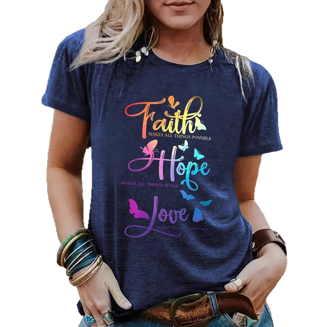Faith Hope Love Round Neck Loose Short Sleeve