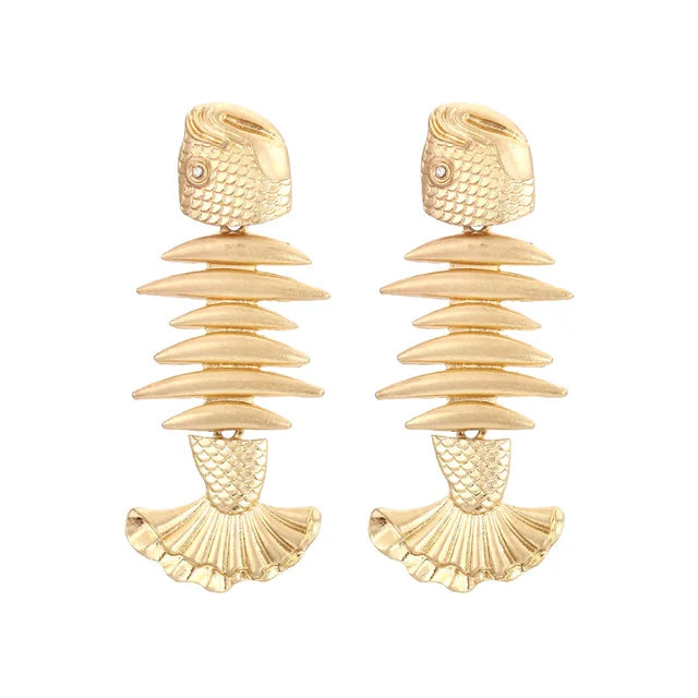 Vintage Golden Stitched Fishbone Statement Earrings for Woman Party Casual Jewelry