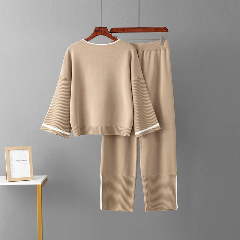 Spring AutumnWomen's 2 Piece Outfits Long Sleeve Knit Sweater Top Wide Leg Pants Lounge Sets Tracksuits