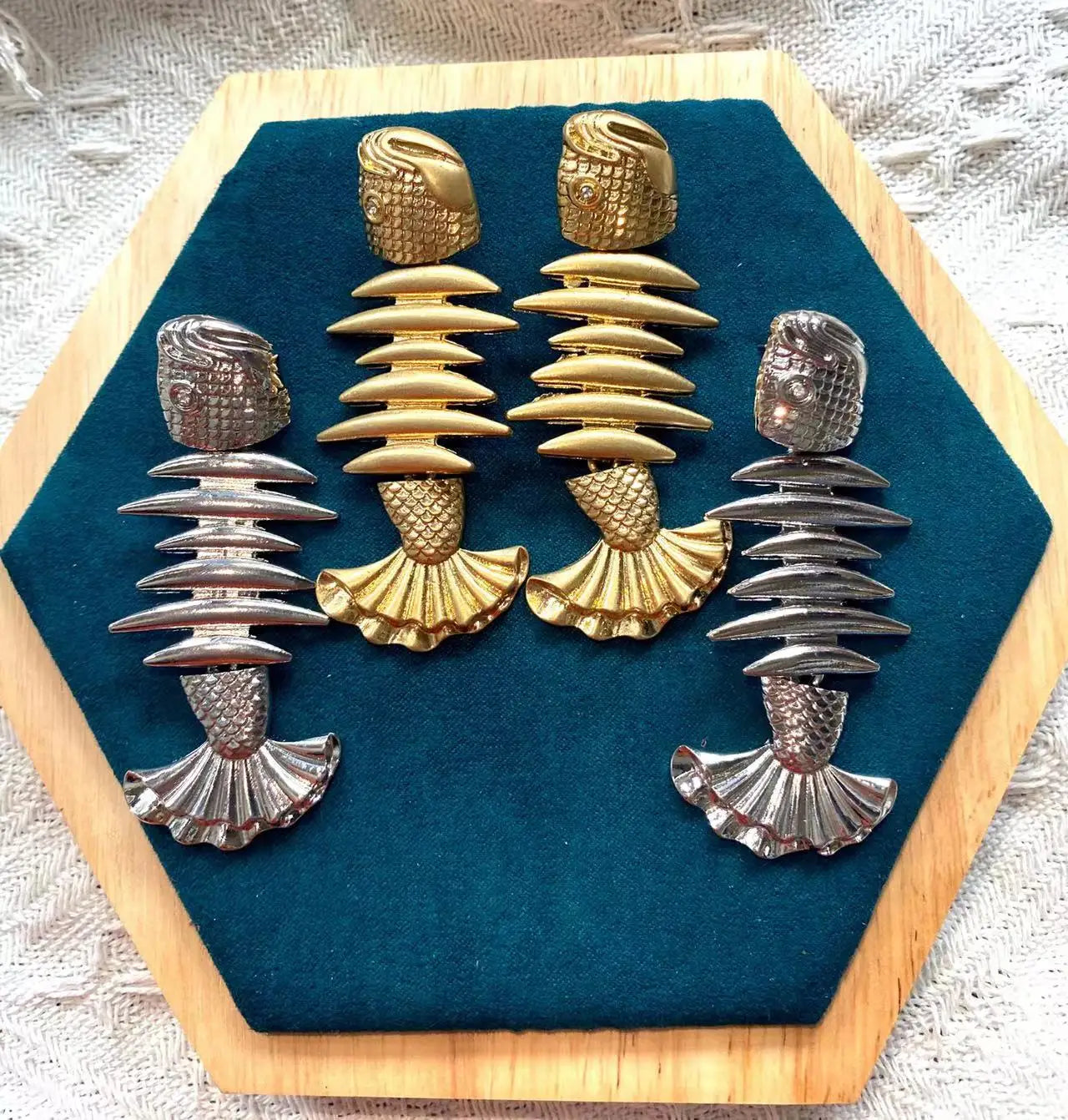 Vintage Golden Stitched Fishbone Statement Earrings for Woman Party Casual Jewelry