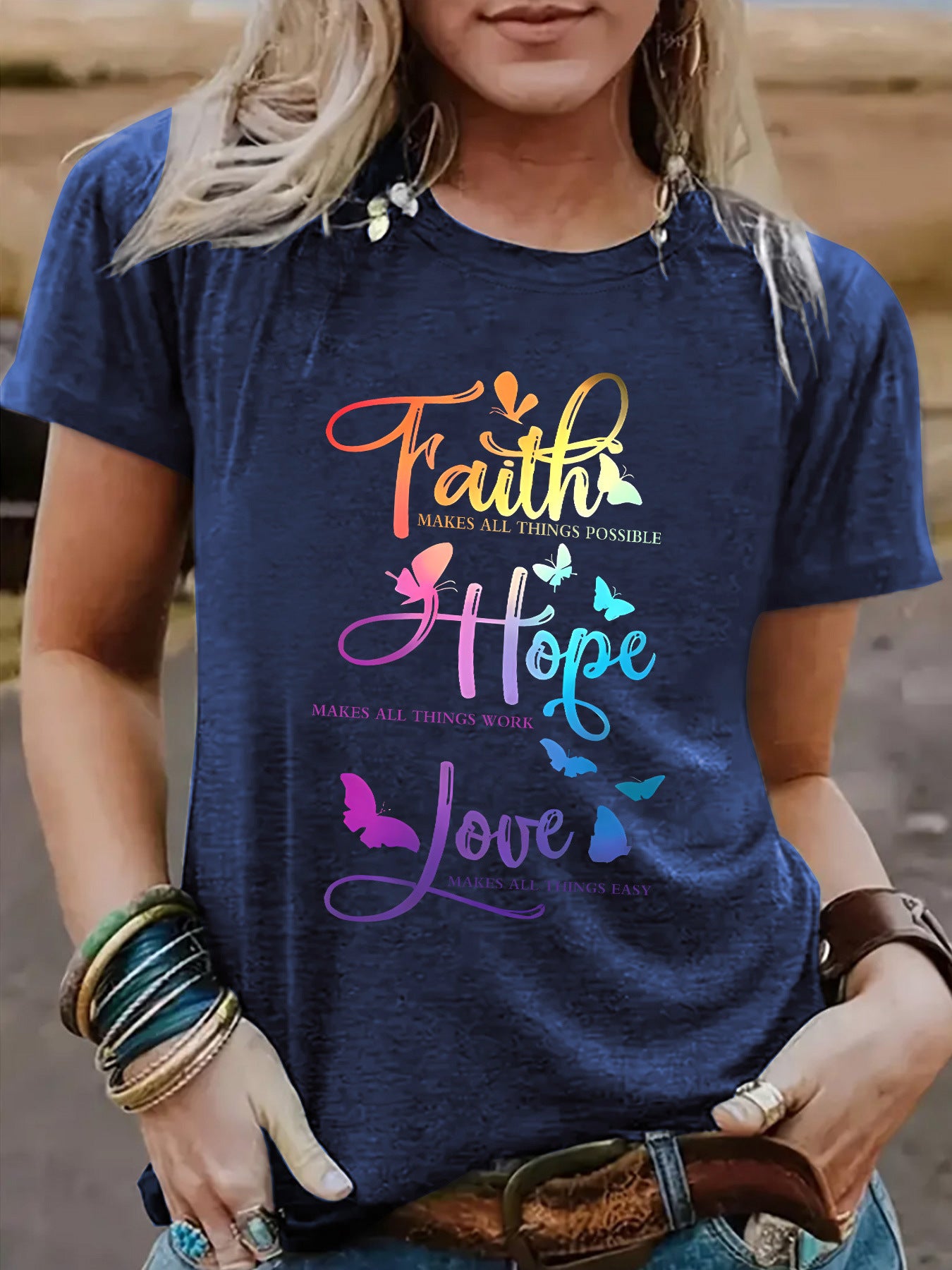 Faith Hope Love Round Neck Loose Short Sleeve