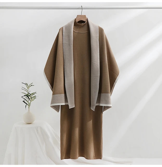 Elegant Women's Dress Sets Knitted Tracksuit Korean Style Winter Long Dress and Scarf Two Piece Suit for Lady