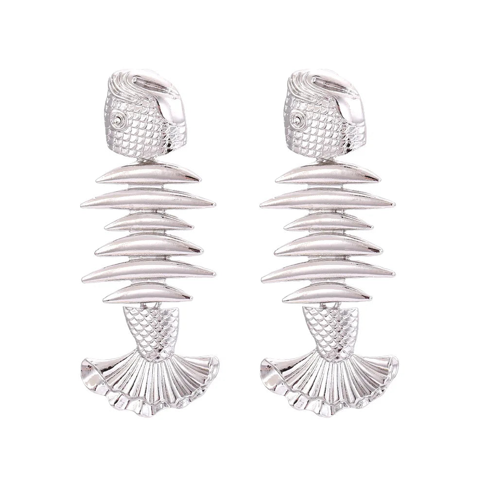 Vintage Golden Stitched Fishbone Statement Earrings for Woman Party Casual Jewelry