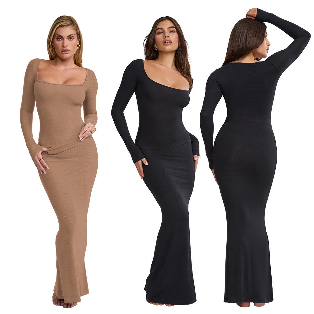 Knit Ribbed Women's Set Long Sleve T-shirt and Bodycon Midi Maxi Skirts  Sexy Street Two 2 Piece Sets Outfits