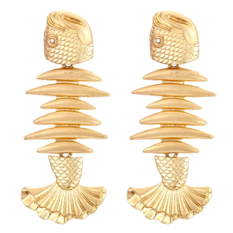 Vintage Golden Stitched Fishbone Statement Earrings for Woman Party Casual Jewelry
