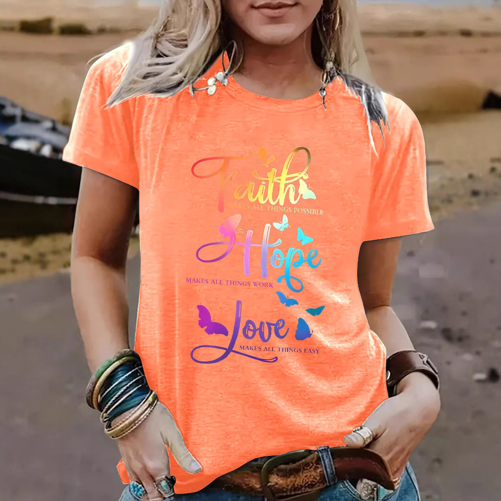 Faith Hope Love Round Neck Loose Short Sleeve