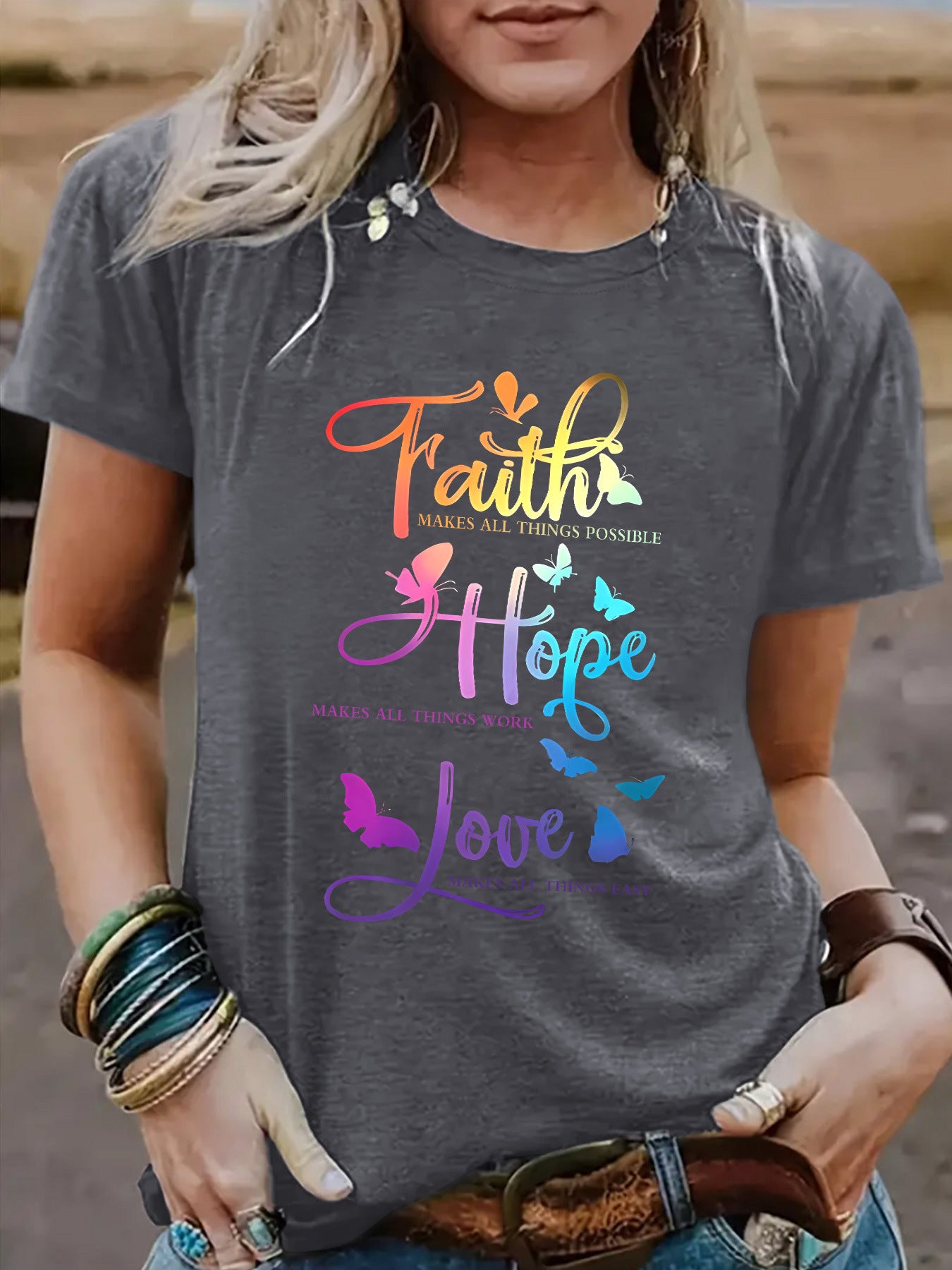 Faith Hope Love Round Neck Loose Short Sleeve