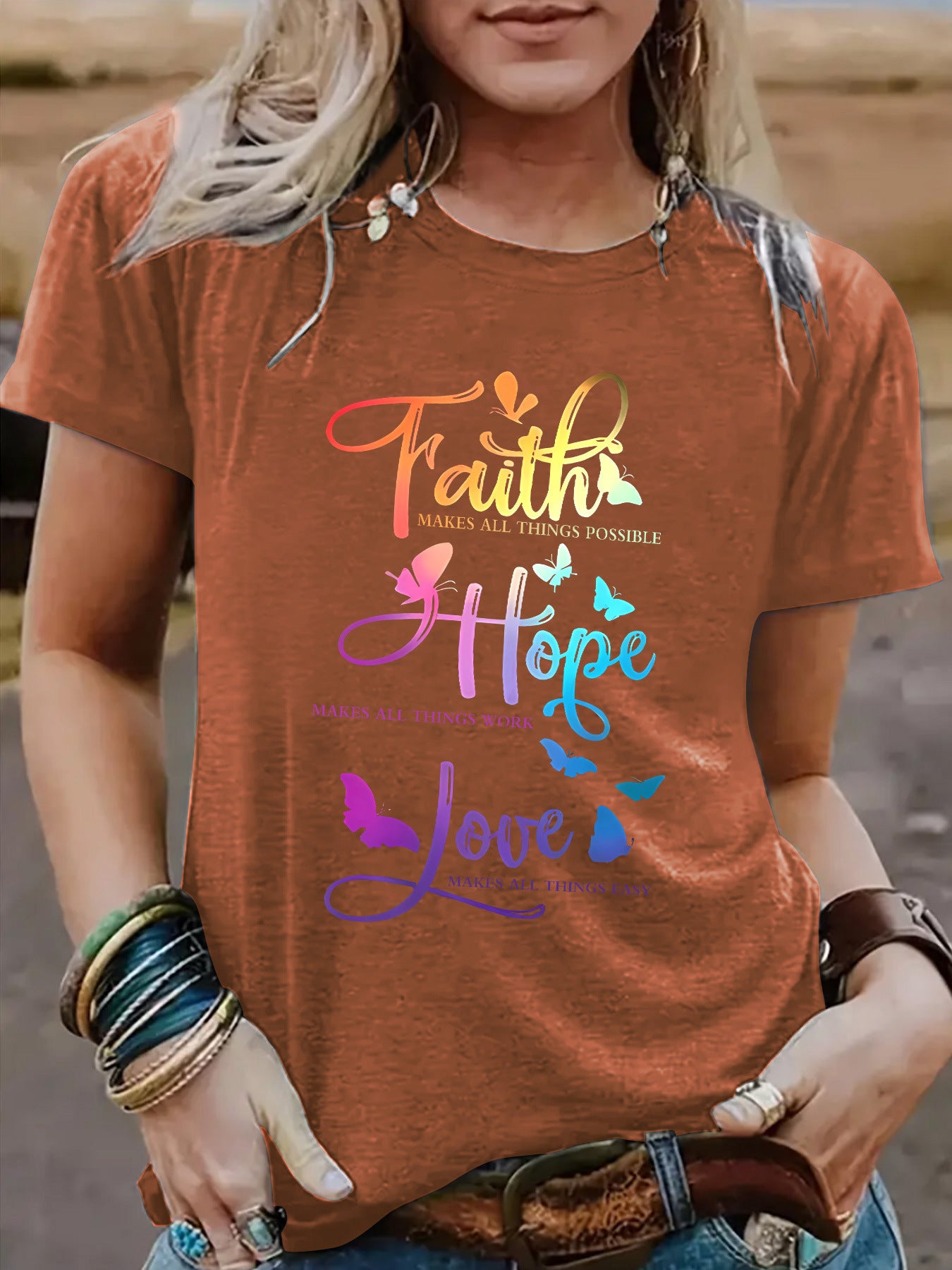 Faith Hope Love Round Neck Loose Short Sleeve