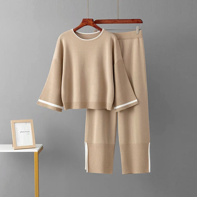 Spring AutumnWomen's 2 Piece Outfits Long Sleeve Knit Sweater Top Wide Leg Pants Lounge Sets Tracksuits