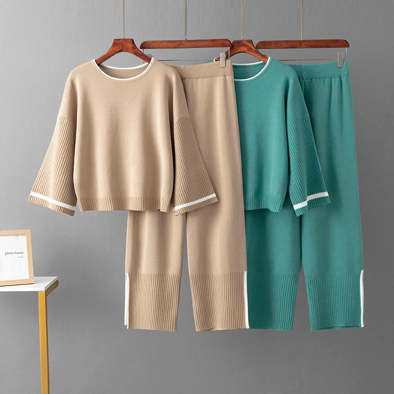 Spring AutumnWomen's 2 Piece Outfits Long Sleeve Knit Sweater Top Wide Leg Pants Lounge Sets Tracksuits