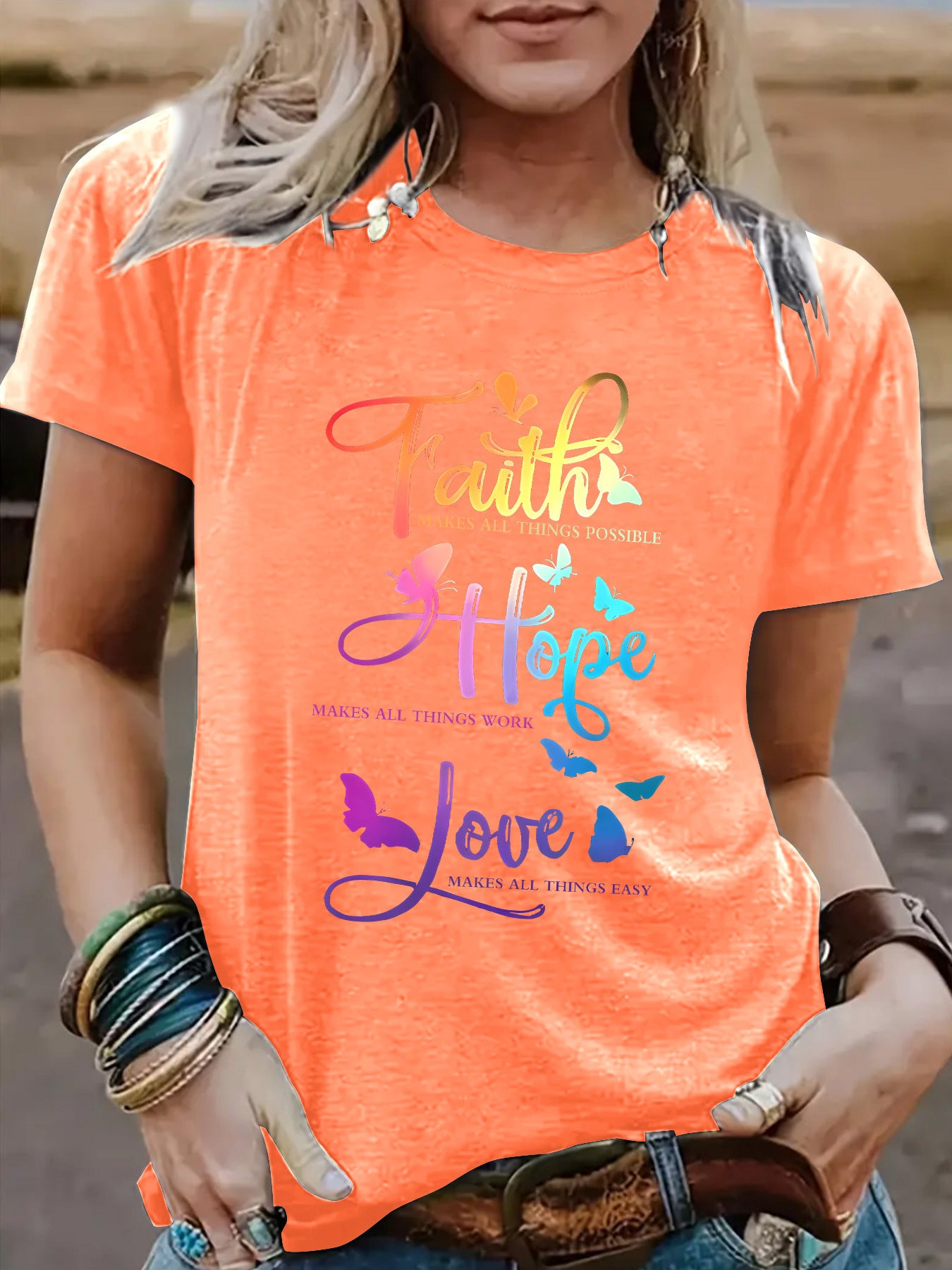 Faith Hope Love Round Neck Loose Short Sleeve