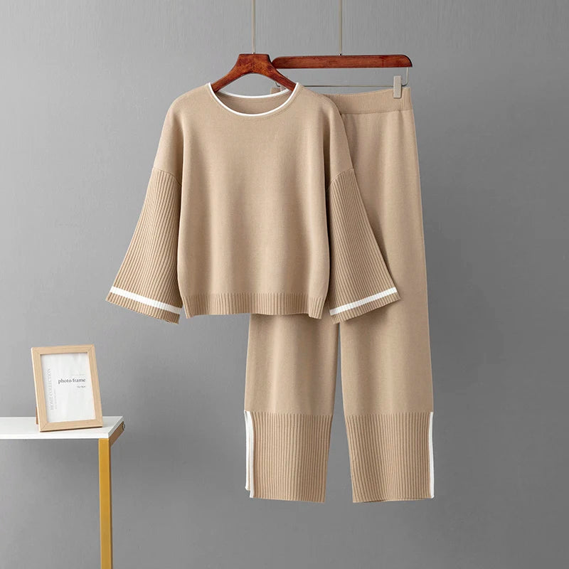 Spring AutumnWomen's 2 Piece Outfits Long Sleeve Knit Sweater Top Wide Leg Pants Lounge Sets Tracksuits