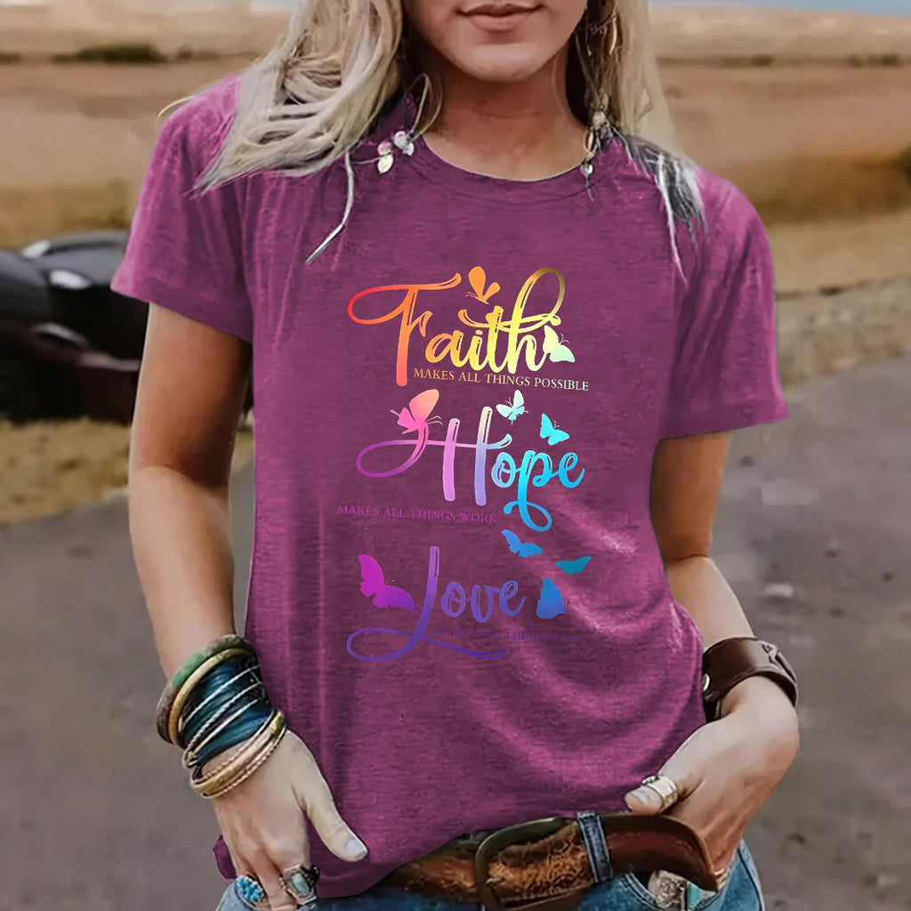 Faith Hope Love Round Neck Loose Short Sleeve
