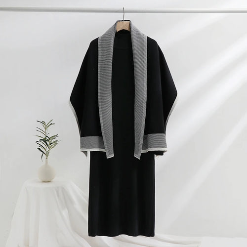 Elegant Women's Dress Sets Knitted Tracksuit Korean Style Winter Long Dress and Scarf Two Piece Suit for Lady
