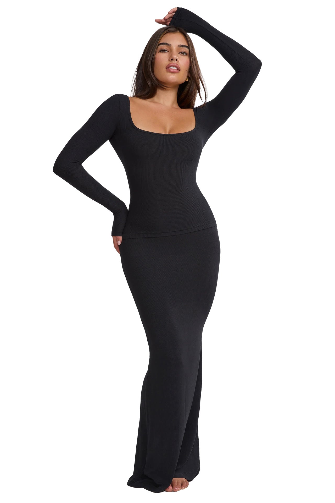 Knit Ribbed Women's Set Long Sleve T-shirt and Bodycon Midi Maxi Skirts  Sexy Street Two 2 Piece Sets Outfits