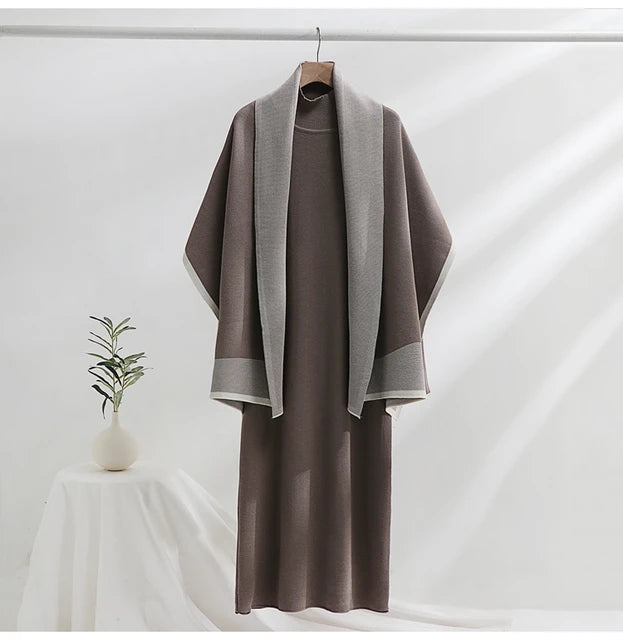Elegant Women's Dress Sets Knitted Tracksuit Korean Style Winter Long Dress and Scarf Two Piece Suit for Lady
