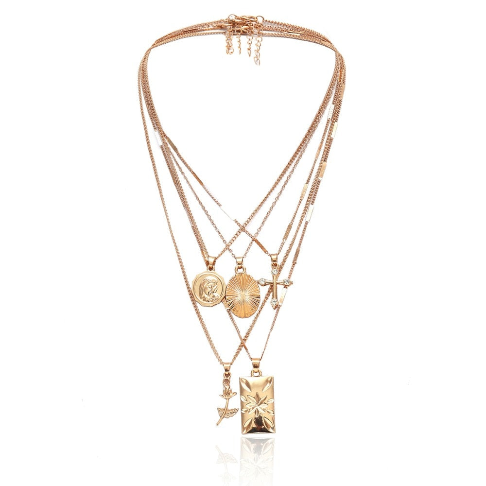Layered Rose Cross Pendant Choker Necklace Set Boho Golden Carve Portrait Coin Long Chain Necklace Women Christian