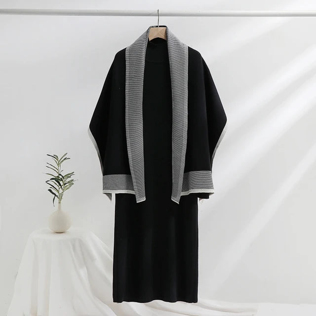 Elegant Women's Dress Sets Knitted Tracksuit Korean Style Winter Long Dress and Scarf Two Piece Suit for Lady