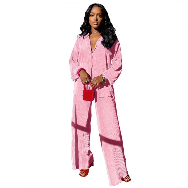 Women's Sets Long Sleeve Shirt Tops Wide Leg Pants Elegant Tracksuit Two Piece Set