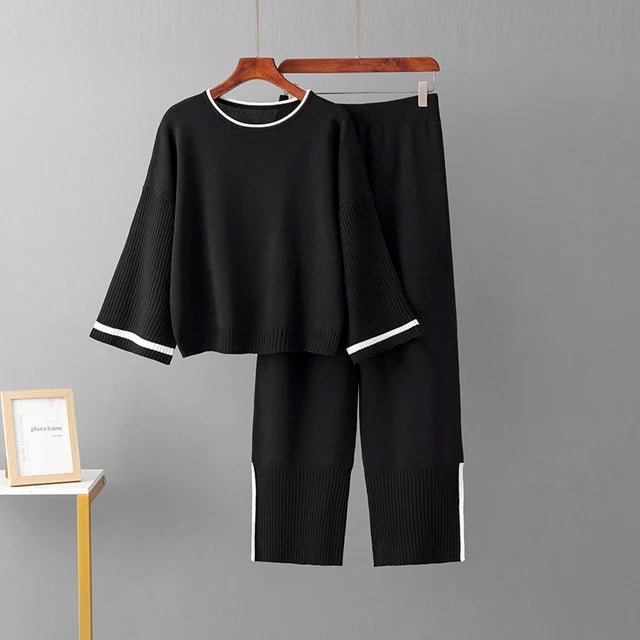 Spring AutumnWomen's 2 Piece Outfits Long Sleeve Knit Sweater Top Wide Leg Pants Lounge Sets Tracksuits