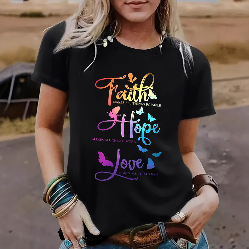 Faith Hope Love Round Neck Loose Short Sleeve
