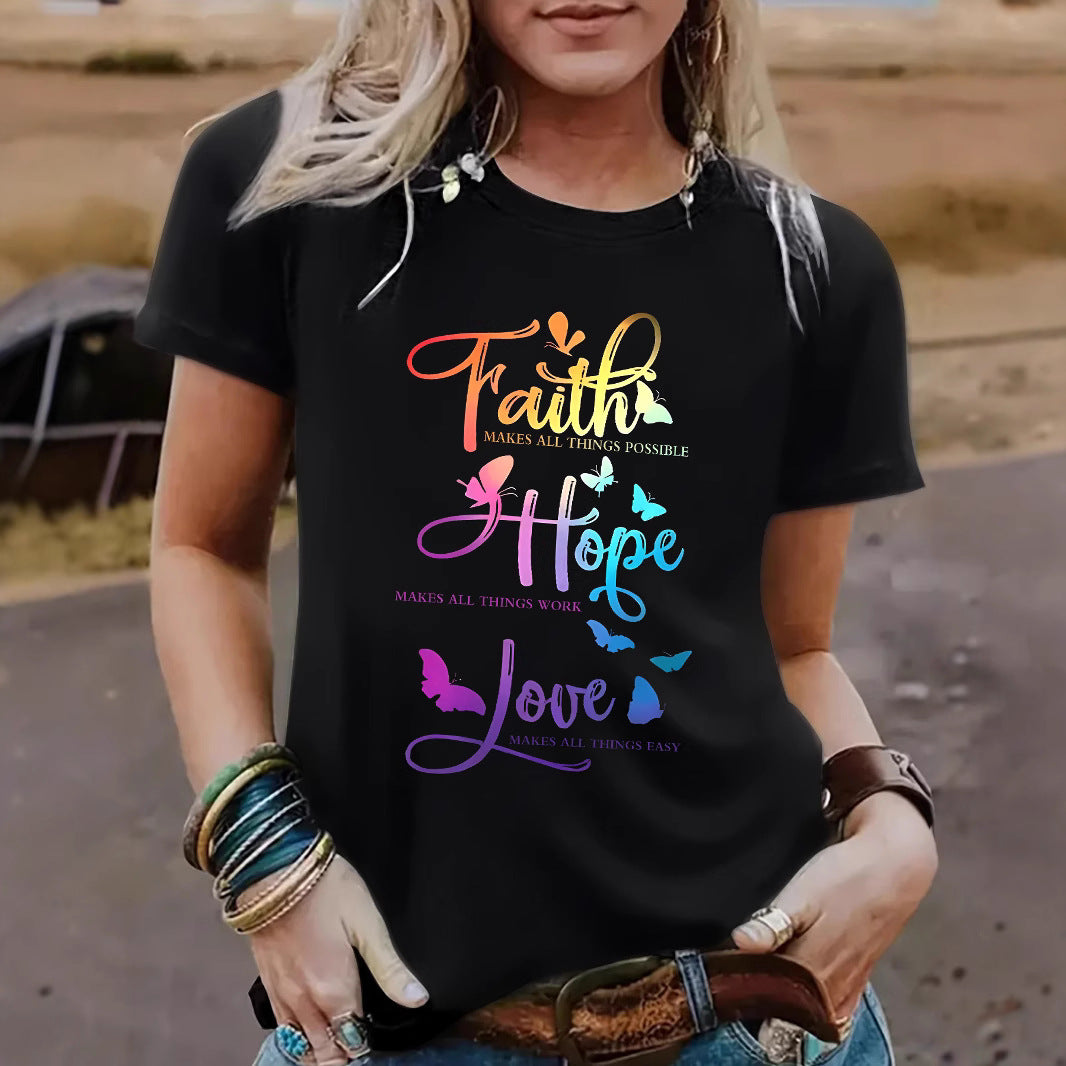 Faith Hope Love Round Neck Loose Short Sleeve