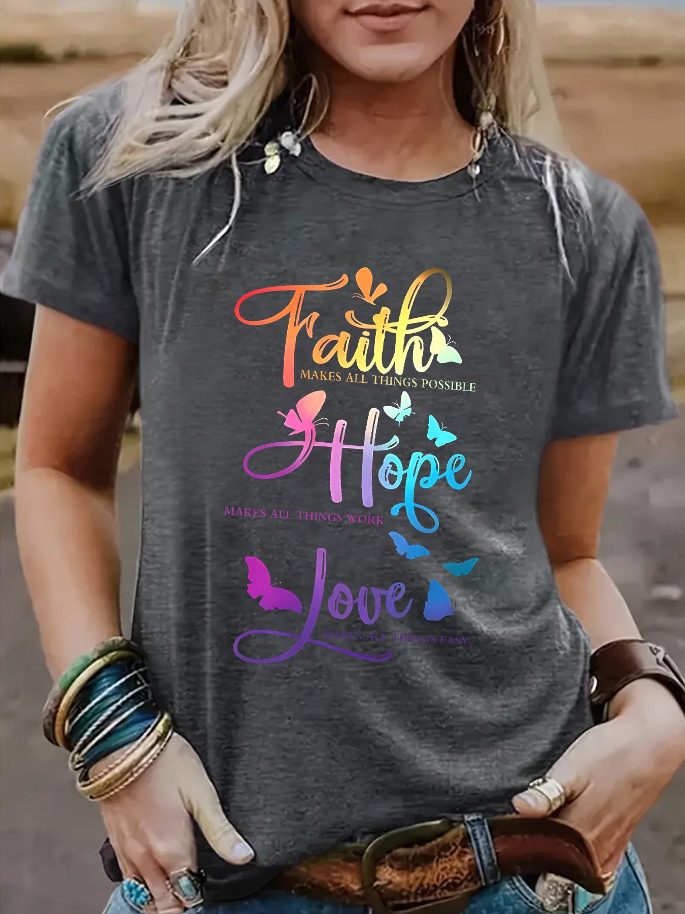 Faith Hope Love Round Neck Loose Short Sleeve