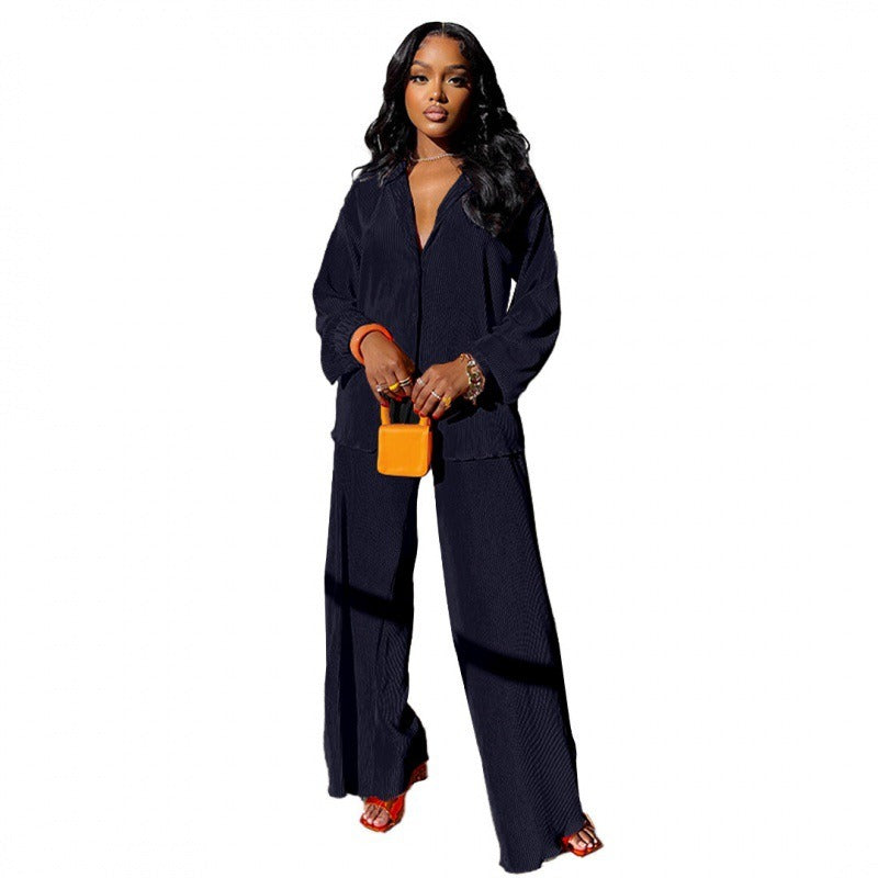 Women's Sets Long Sleeve Shirt Tops Wide Leg Pants Elegant Tracksuit Two Piece Set