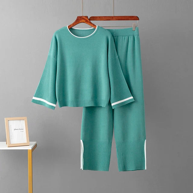 Spring AutumnWomen's 2 Piece Outfits Long Sleeve Knit Sweater Top Wide Leg Pants Lounge Sets Tracksuits