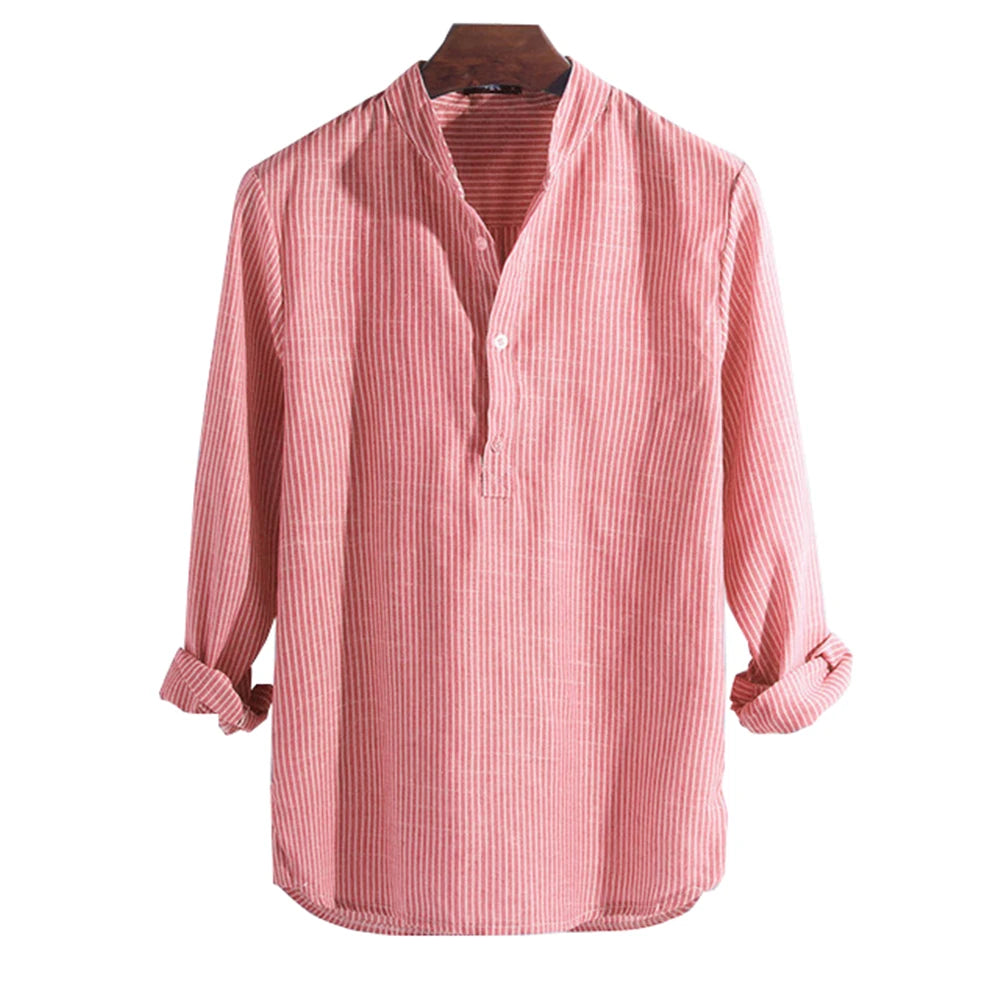 Helisopus New Fashion Spring Summer Casual Men's Shirt Cotton Long Sleeve Striped Slim Fit Stand Collar Shirts S-5XL
