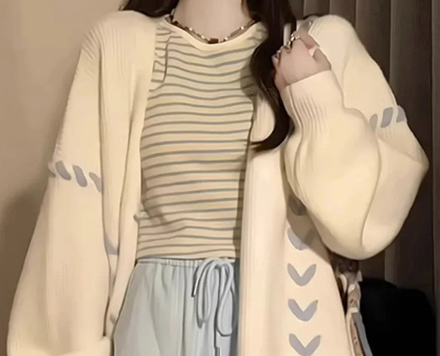 Casual Knitted Women 's Sweater Bandage Spliced Loose Contrast Color Cardigan Fashion